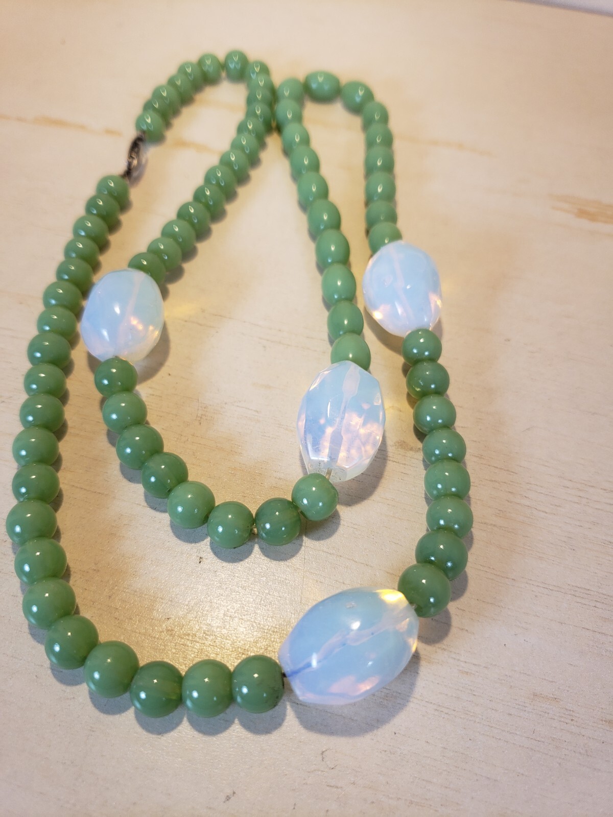 Vintage Opaline and Sage Green Glass Bead Necklace 29″