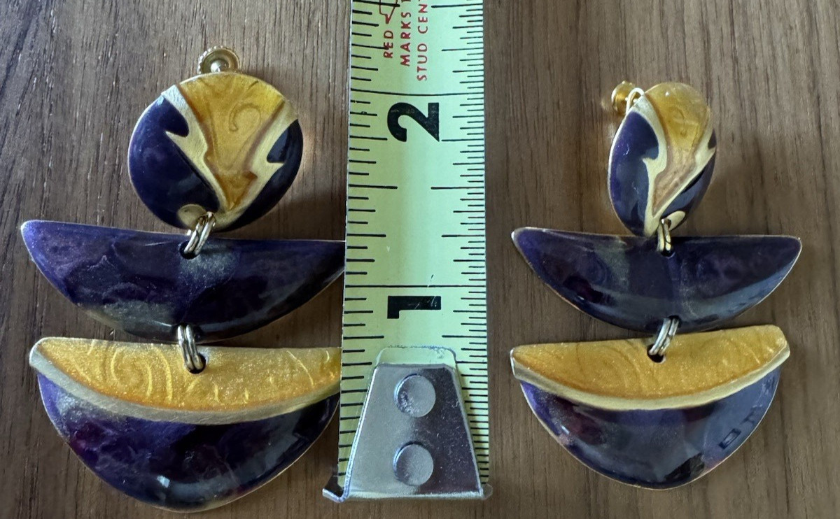 Edgar Berebi Enamel Dangle Earrings – Sculptural Modernist Gold Tone Vintage