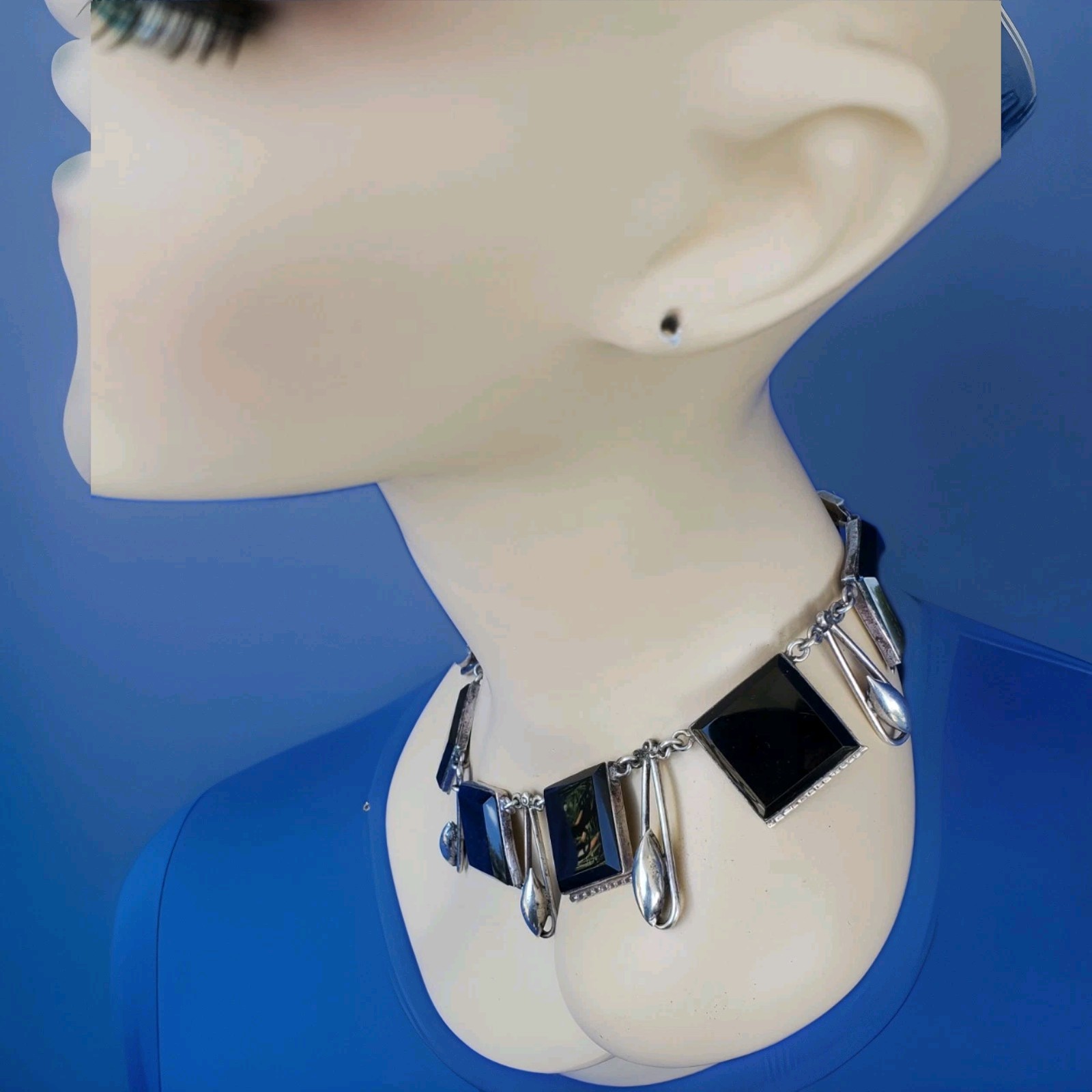 Original STERLING SILVER 925 Deco Onyx Modernist Necklace 186 Gr Vintage 18″ In