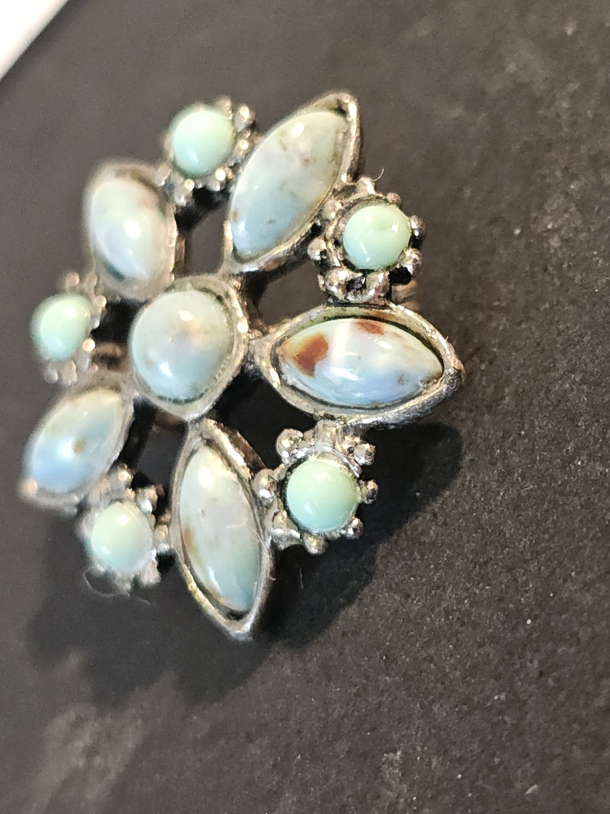 Vintage Star Flower Brooch Turquoise Look Silver Tone Pin Mexican Style Unsigned