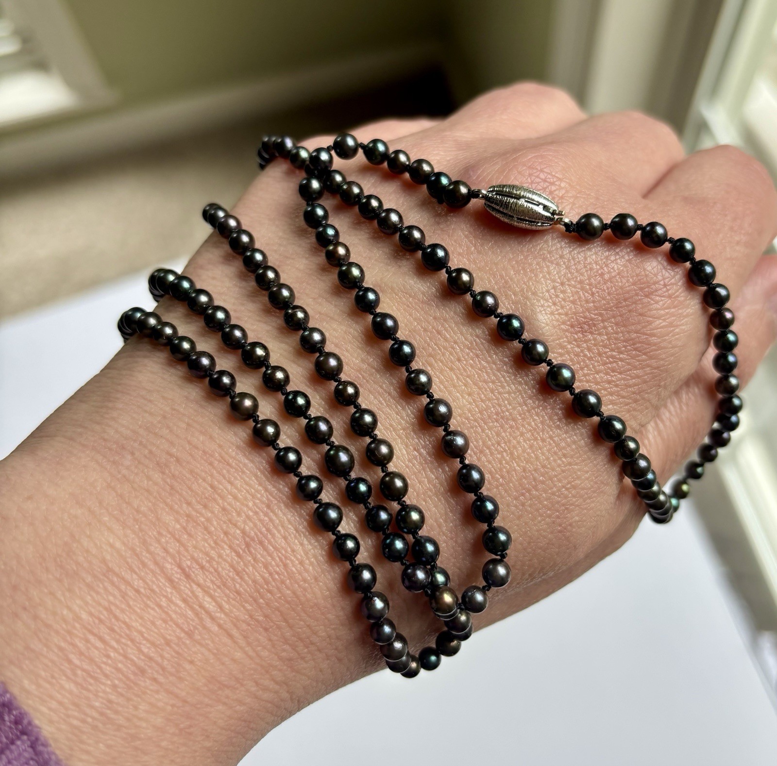 Vintage 4mm Black Pearl Necklace European 835 Sterling Silver Clasp 32” Long