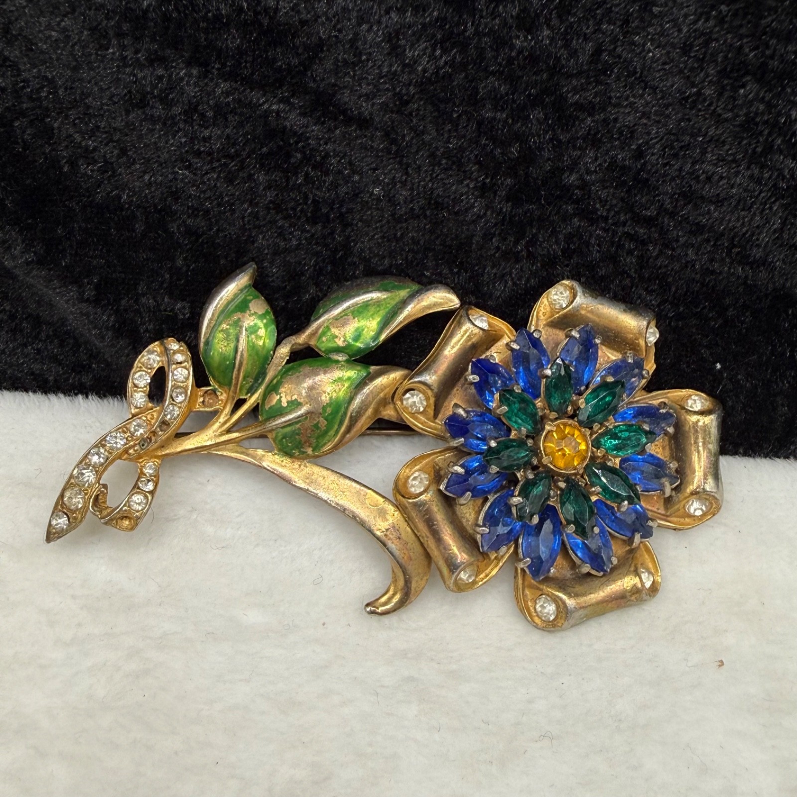 Vintage Pot Metal Brooch Rhinestone Blue Green Flower Gold Tone Enamel READ
