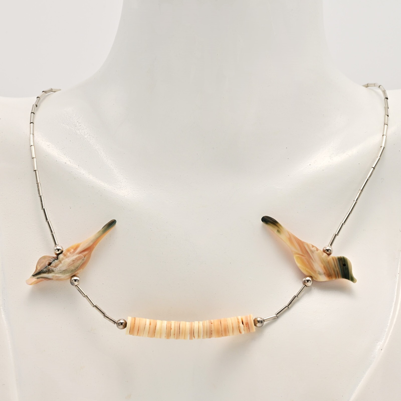 Vintage Original Native American Sterling Silver Mother of Pearl Bird Necklace