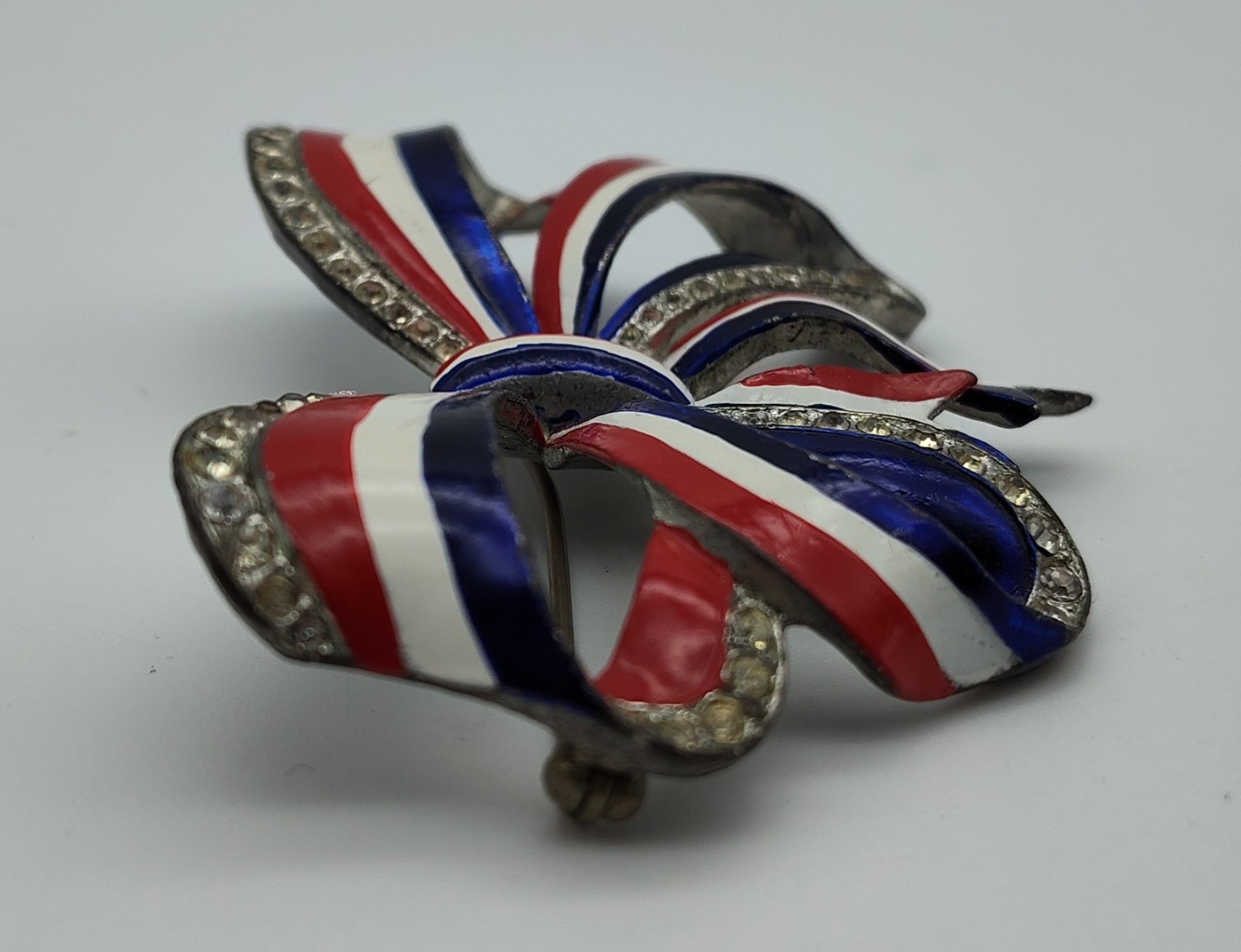 Vintage Large Bow Red White Blue WW2 Silver Tone Clear Rhinestone Pin Brooch