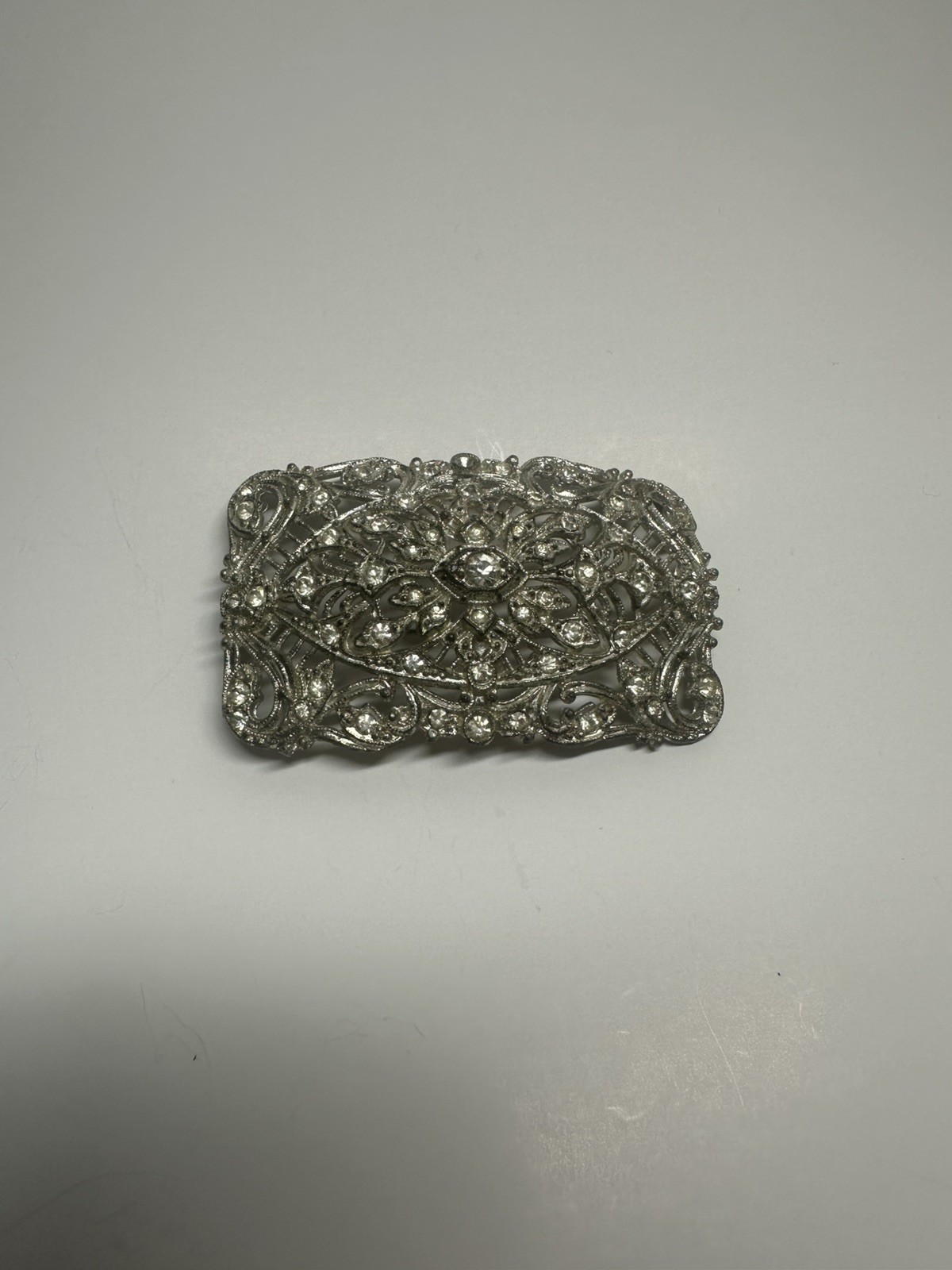 New England Glass Works Art Deco Silver Rhinestone Filagree Brooch