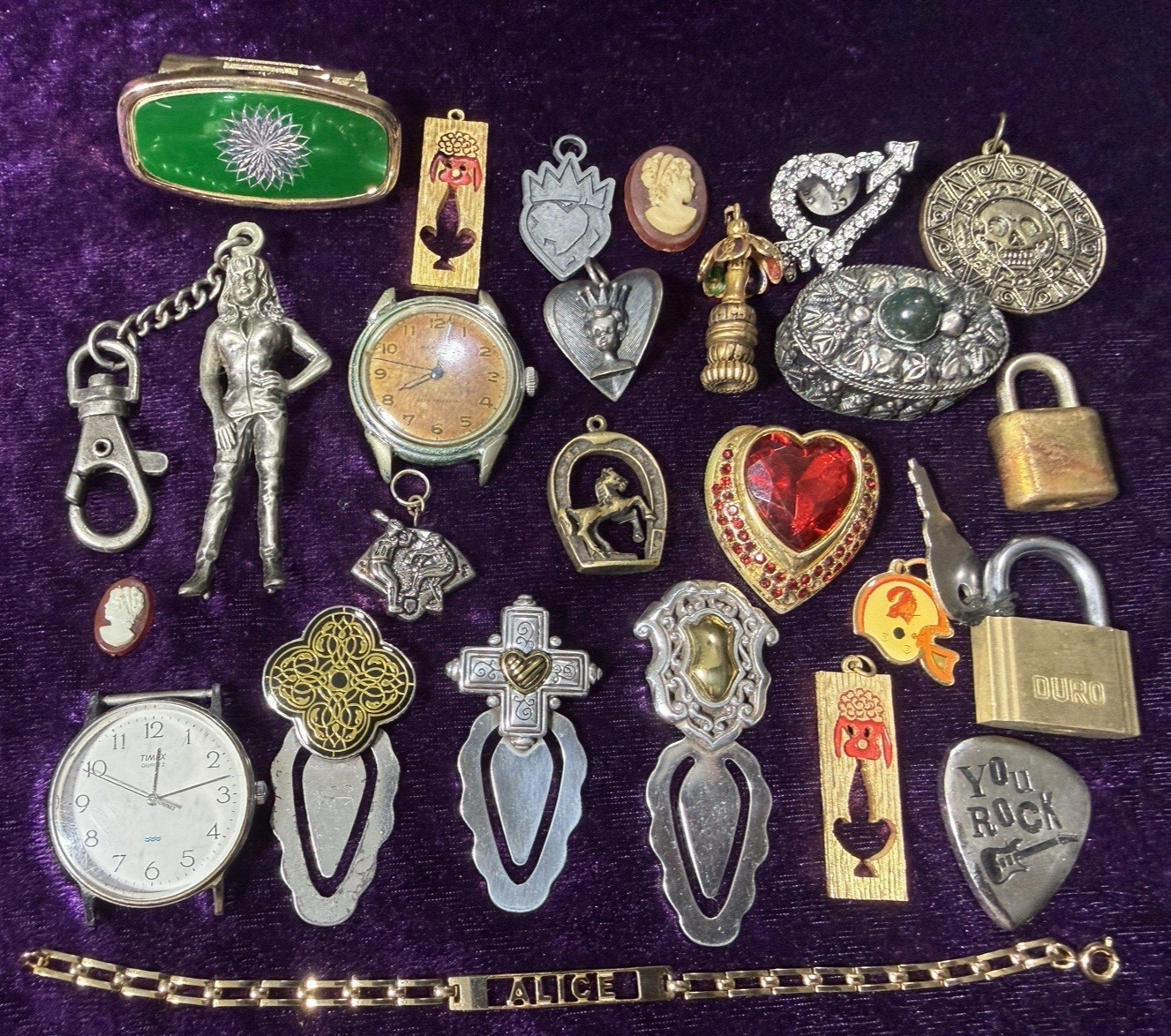 Vtg to Now Junk Drawer Costume Jewelry Lot Watch Padlock Brooch Pendant Estate