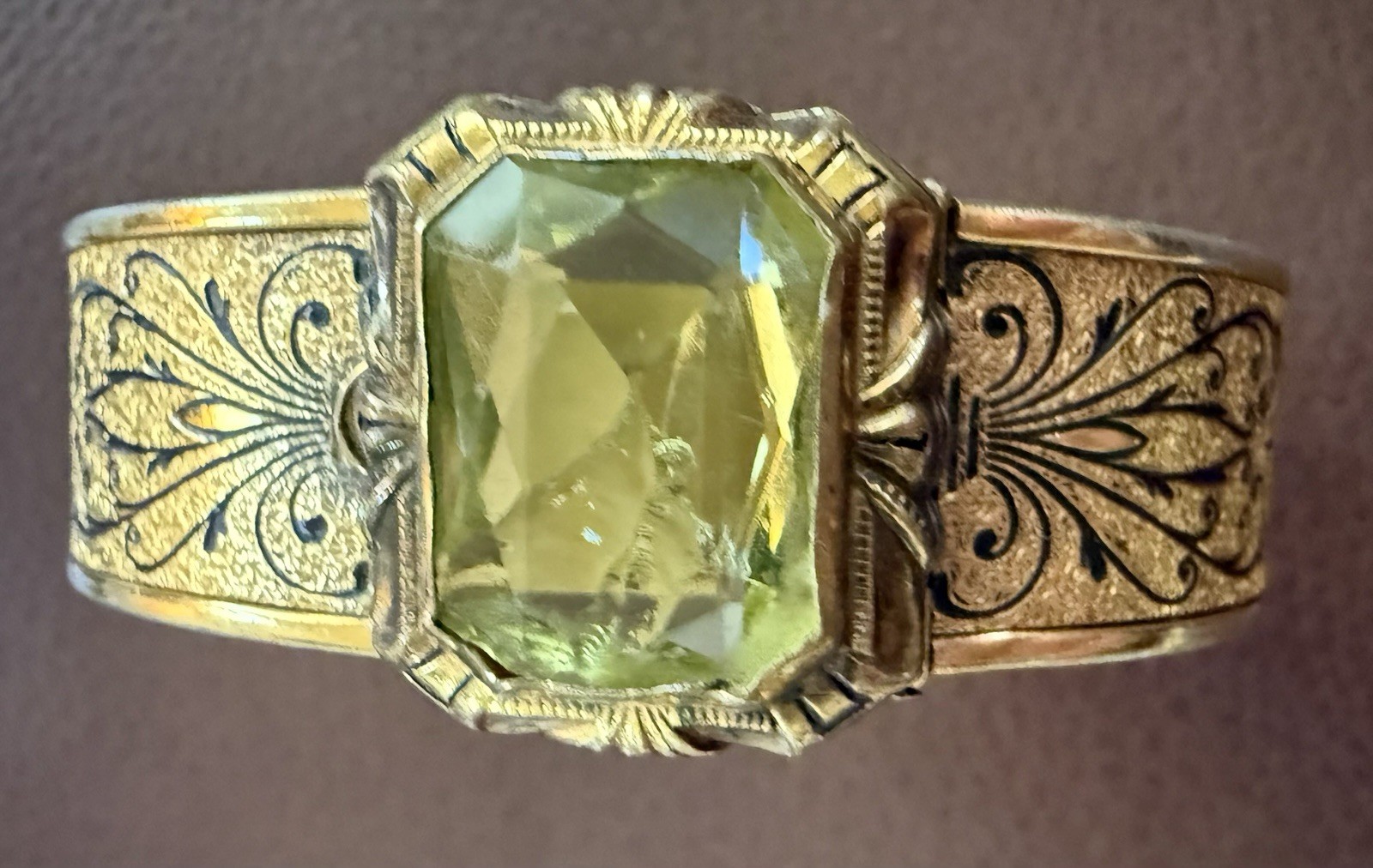 Antique Art Deco Bangle JJ White Bracelet Gold Plated Green Stone Vintage