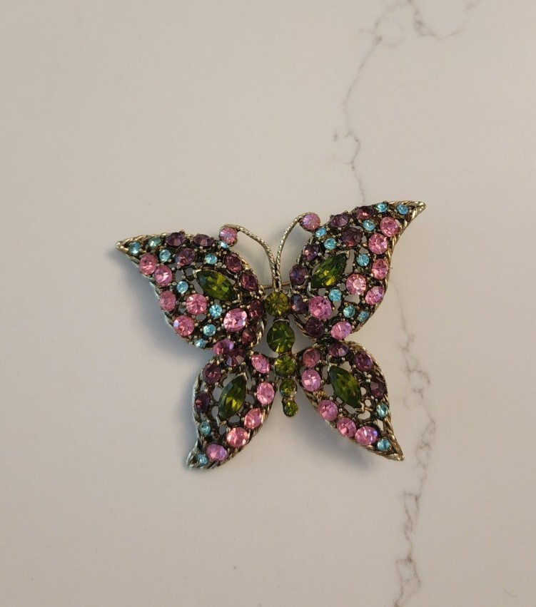 Vintage Butterfly Brooch Multicolor Rhinestones Midcentury 2 inches Pink