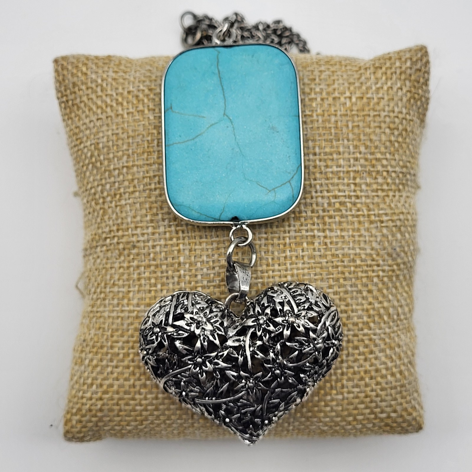 Lovely faux turquoise stone Heart statement necklace anniversary love