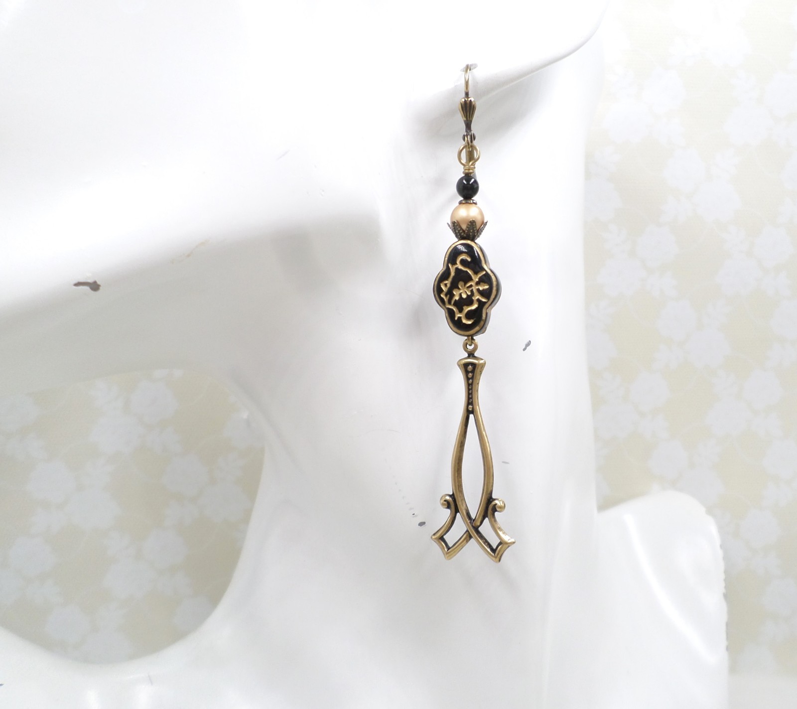 Antique Brass Dangle Earrings Black Gold Floral Acrylic Beaded Victorian Jewelry