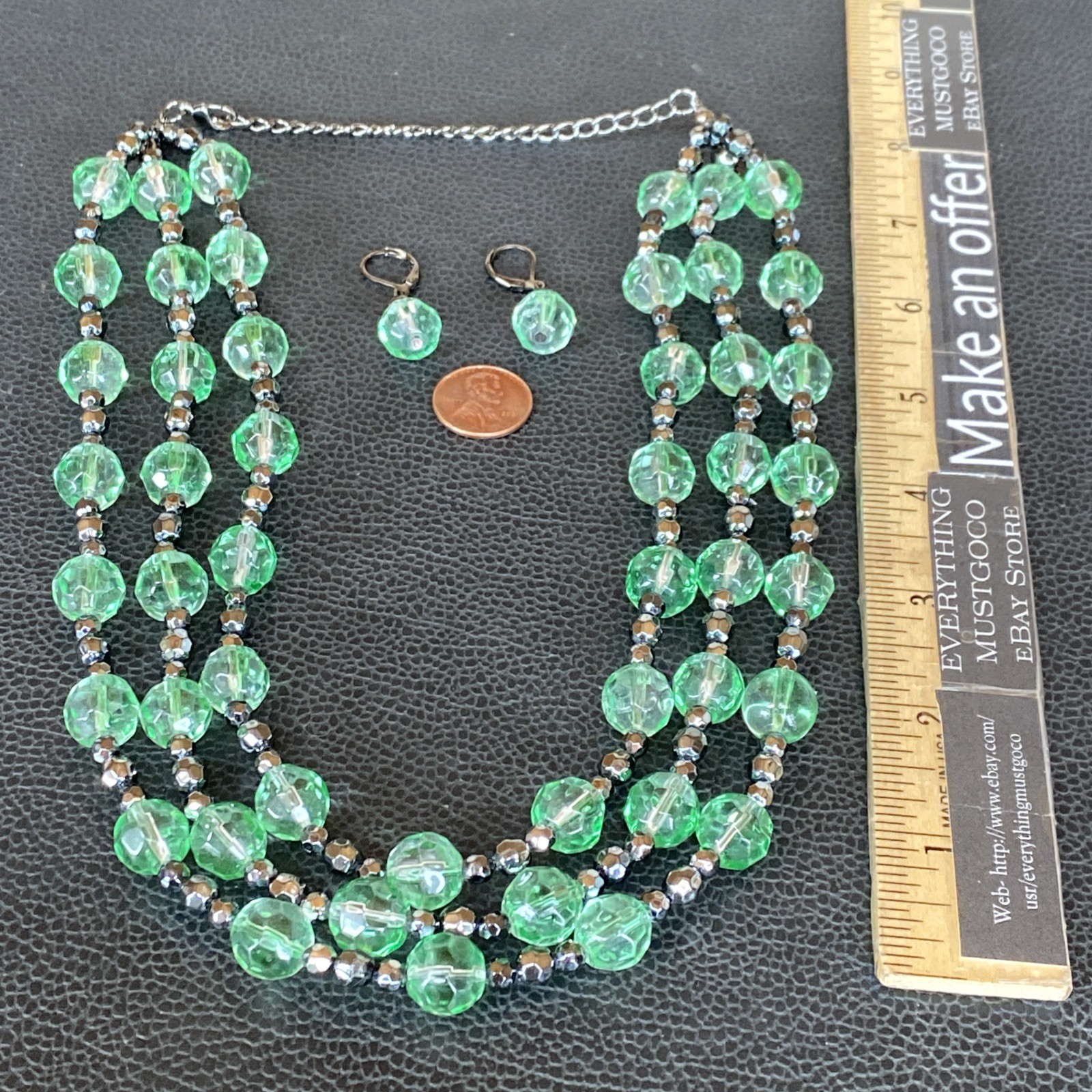 Vintage Green Glass Faceted 3 Strand Necklace w/ Matching Pair Drop Earrings Set