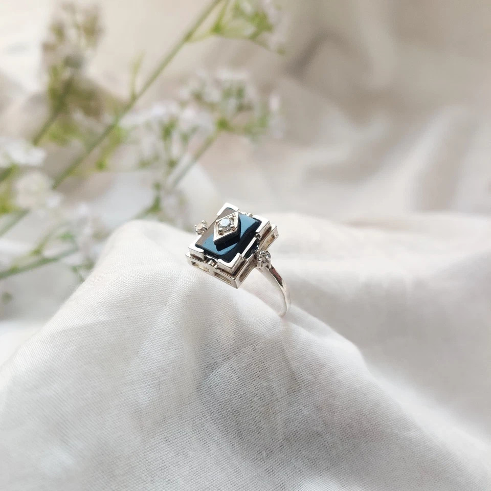 Antique Art Deco Vintage Black Onyx & Lab-Created Diamond Gift Ring 925 Silver