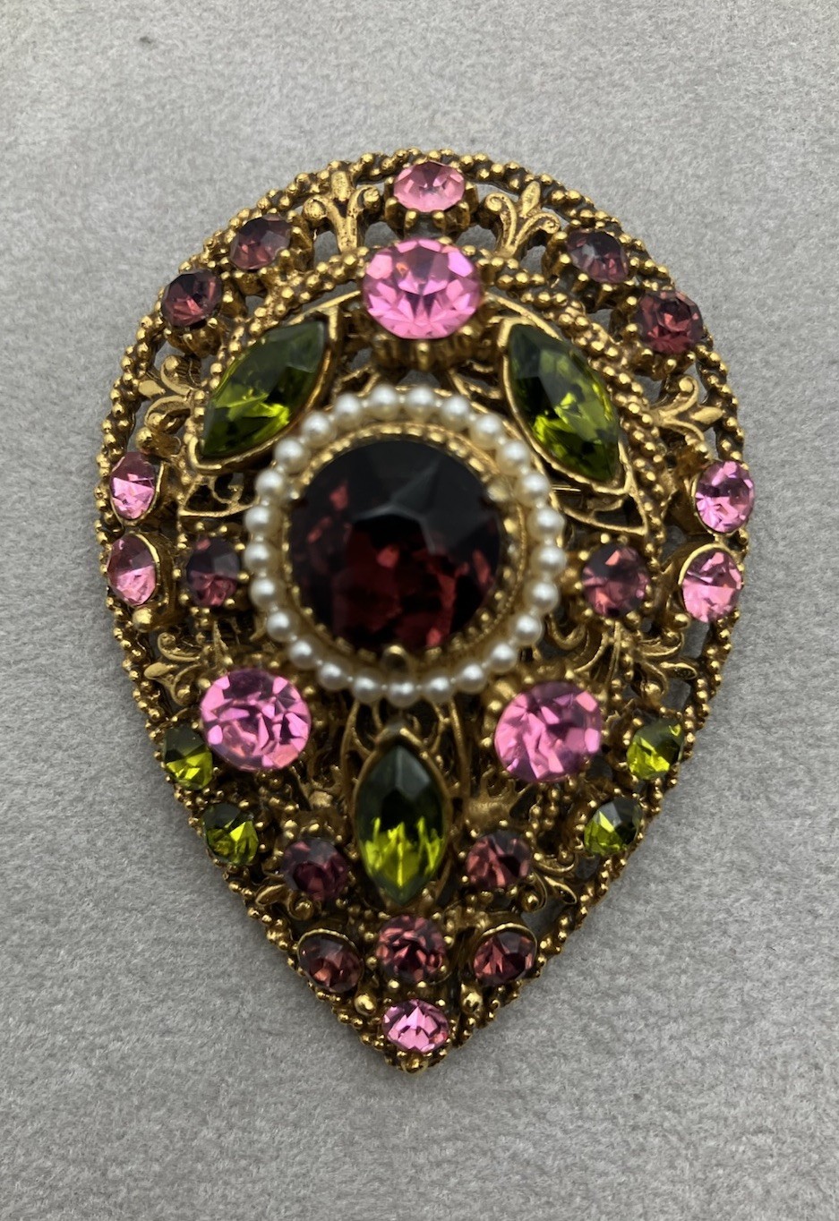 Vintage Goldtone Florenza Brooch Purple/Green Rhinestone Faux Pearls 2.25 Inch