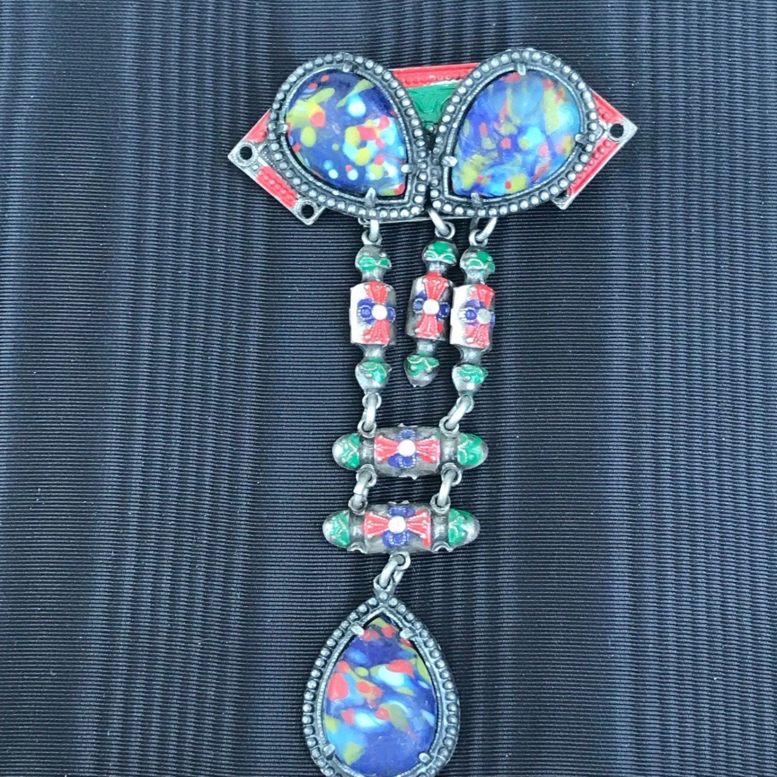 ANTIQUE NORTH AFRICAN TRIBAL ENAMEL AND BLUE GLASS AMULET PIN