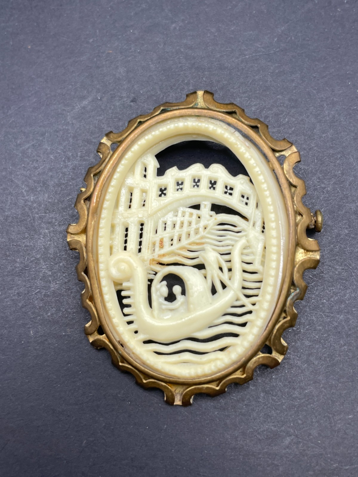 Vintage Art Deco Carved Celluloid Venice Scene Brooch Cameo