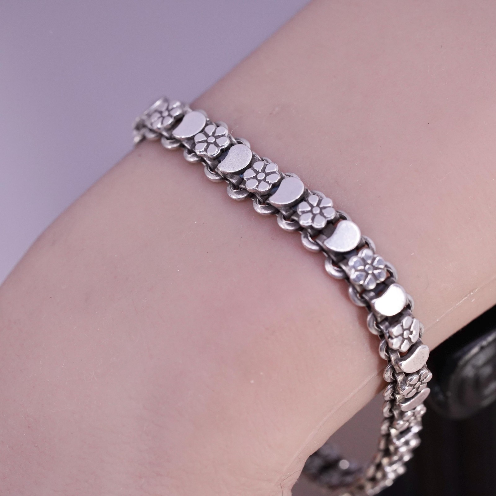 7.25″, vintage Sterling silver handmade tennis bracelet, 925 flower links