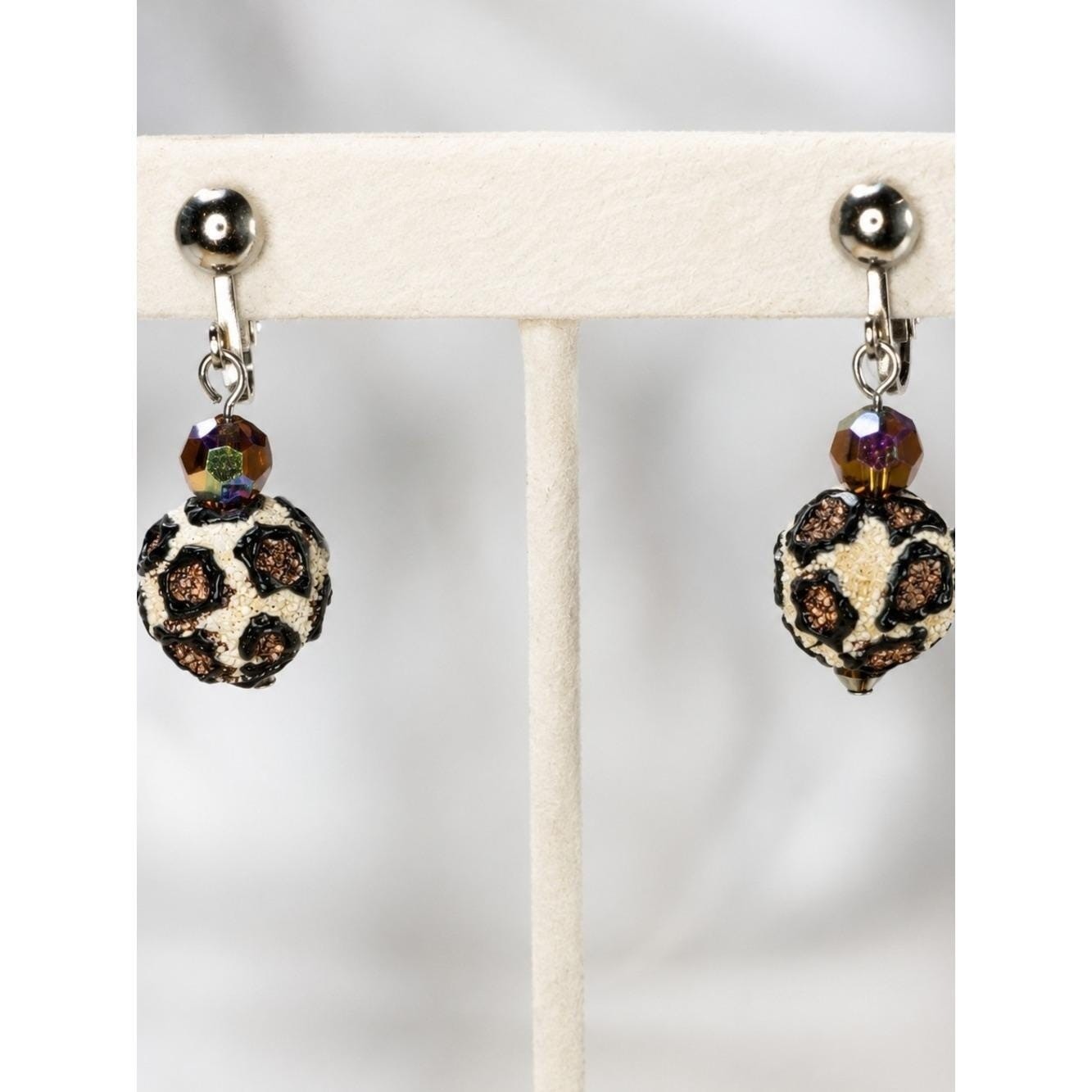 Vintage Leopard Print Clip On Earrings Brown Crystal Dangle Animal Print