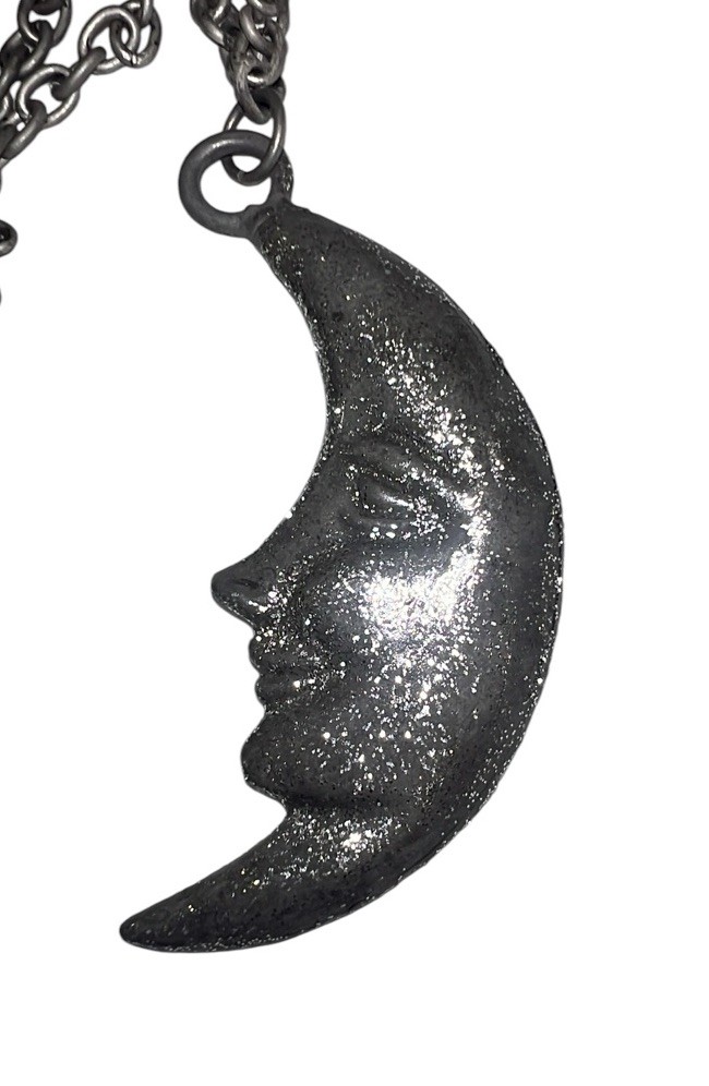 Vintage Crescent Man In The Moon Face Necklace Celestial Silver Metal Sparkle