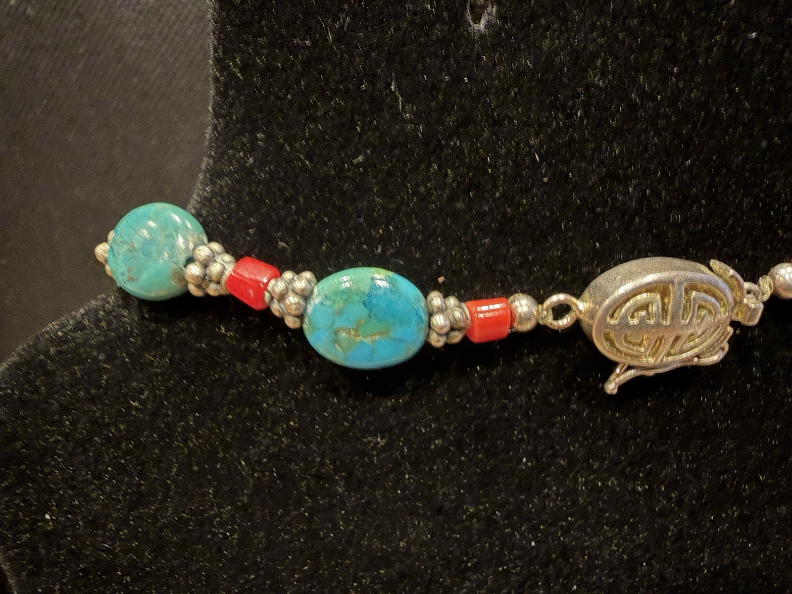 Vintage Turquoise And Natural Blood Red Coral & Pewter Silver 925 Clasp 16”