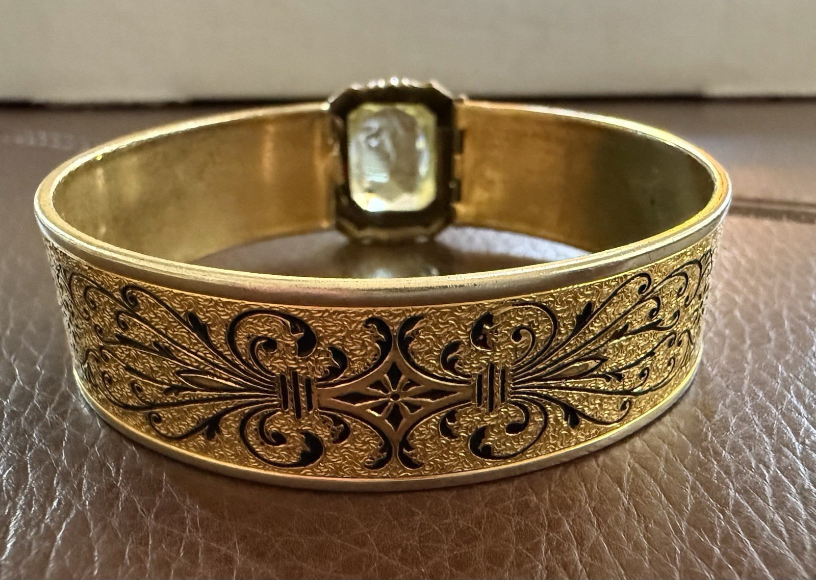 Antique Art Deco Bangle JJ White Bracelet Gold Plated Green Stone Vintage