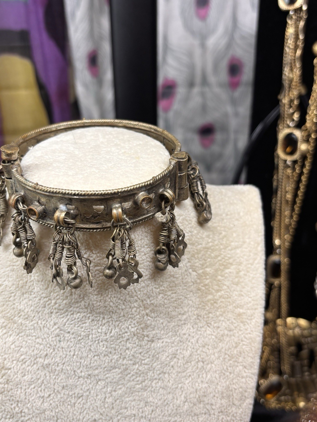 Vintage Metal Bangle Bracelet Belly Dancing Jewelry Cutouts Jingle Hinged 7.5”