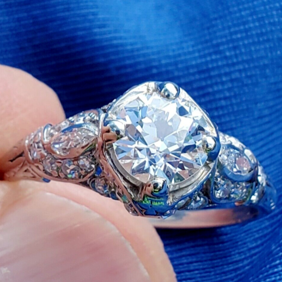 Original EARTH MINED DIAMOND Deco Engagement Ring Vintage PLATINUM Solitaire 2CT