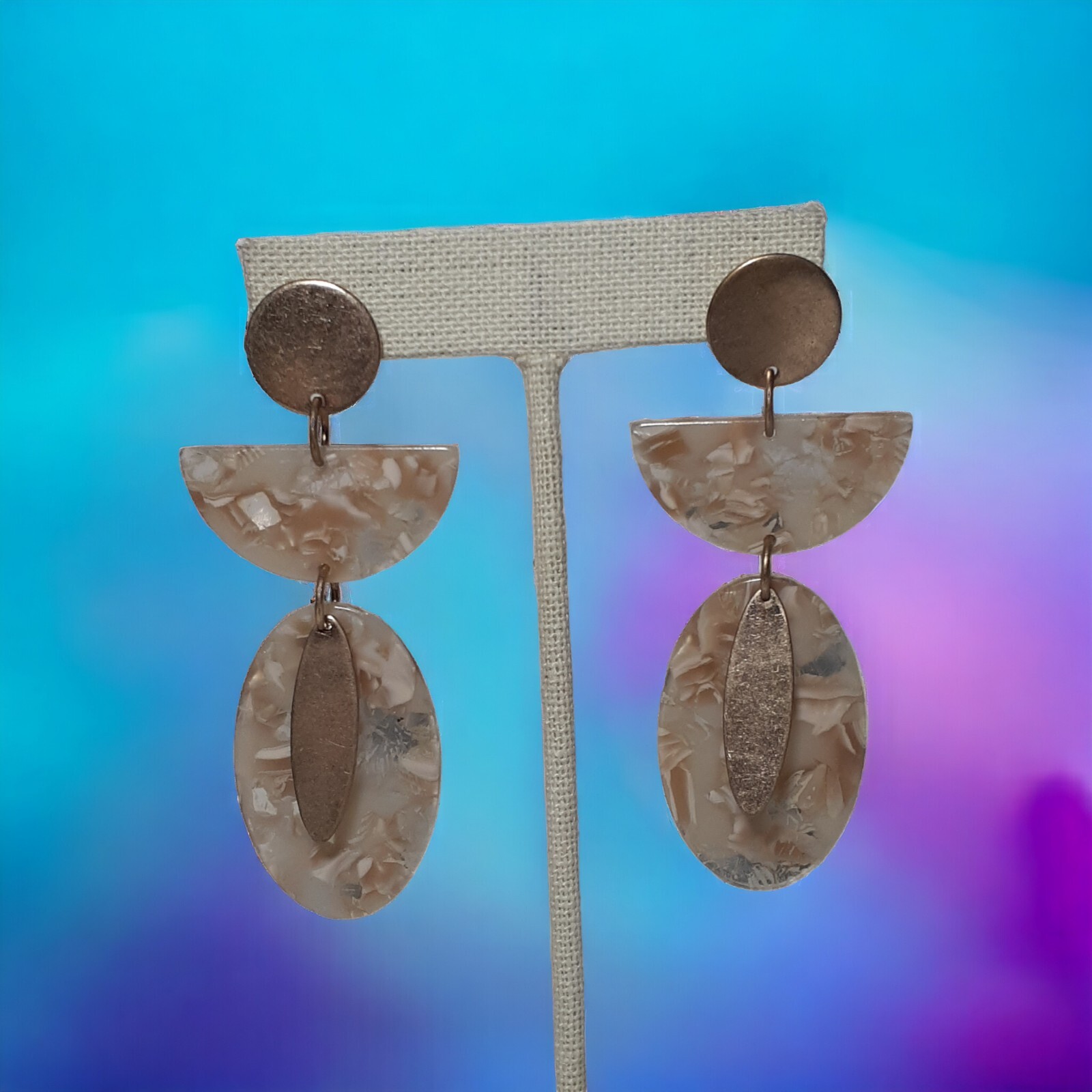 Pierced Dangle Drop Earrings Clear Acrylic with Mixed Inlay Materials 3″