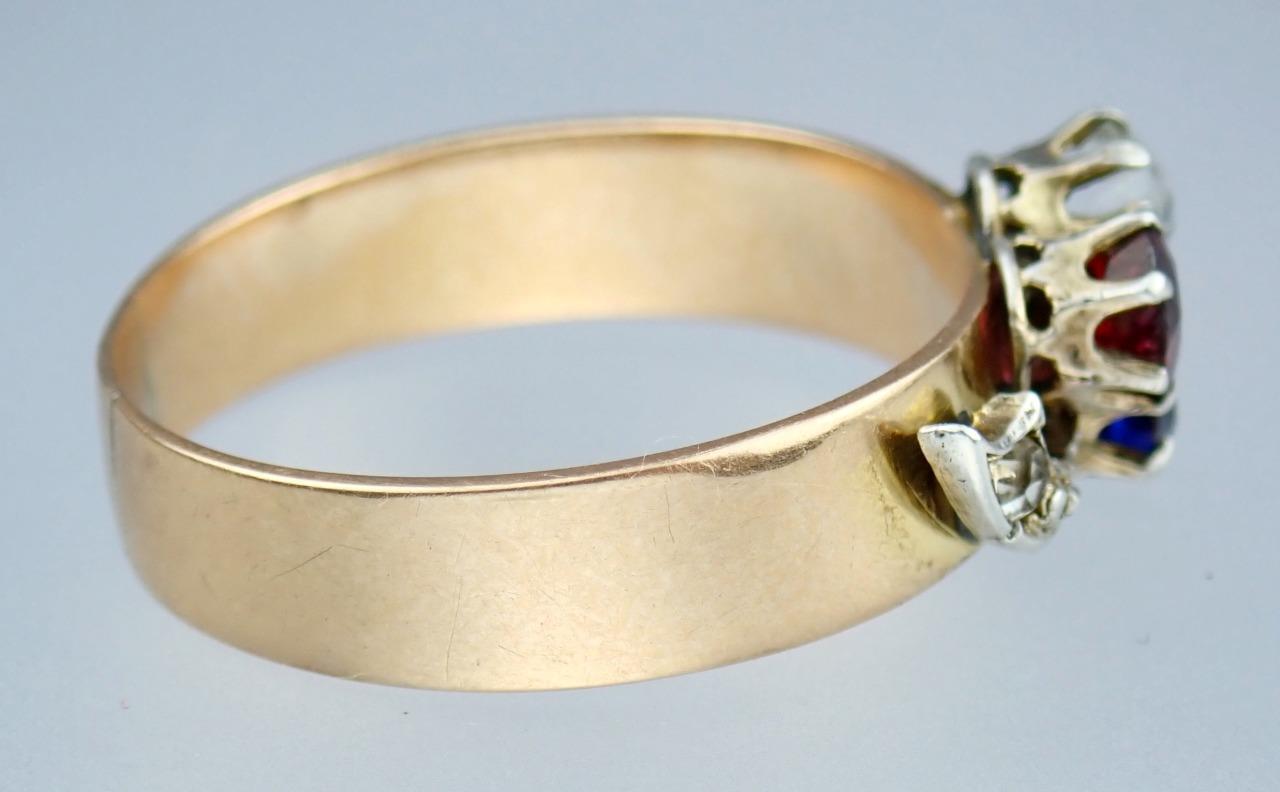 Charming Antique Victorian 14K Rose Gold Red White Blue Paste Floral Ring Size 8
