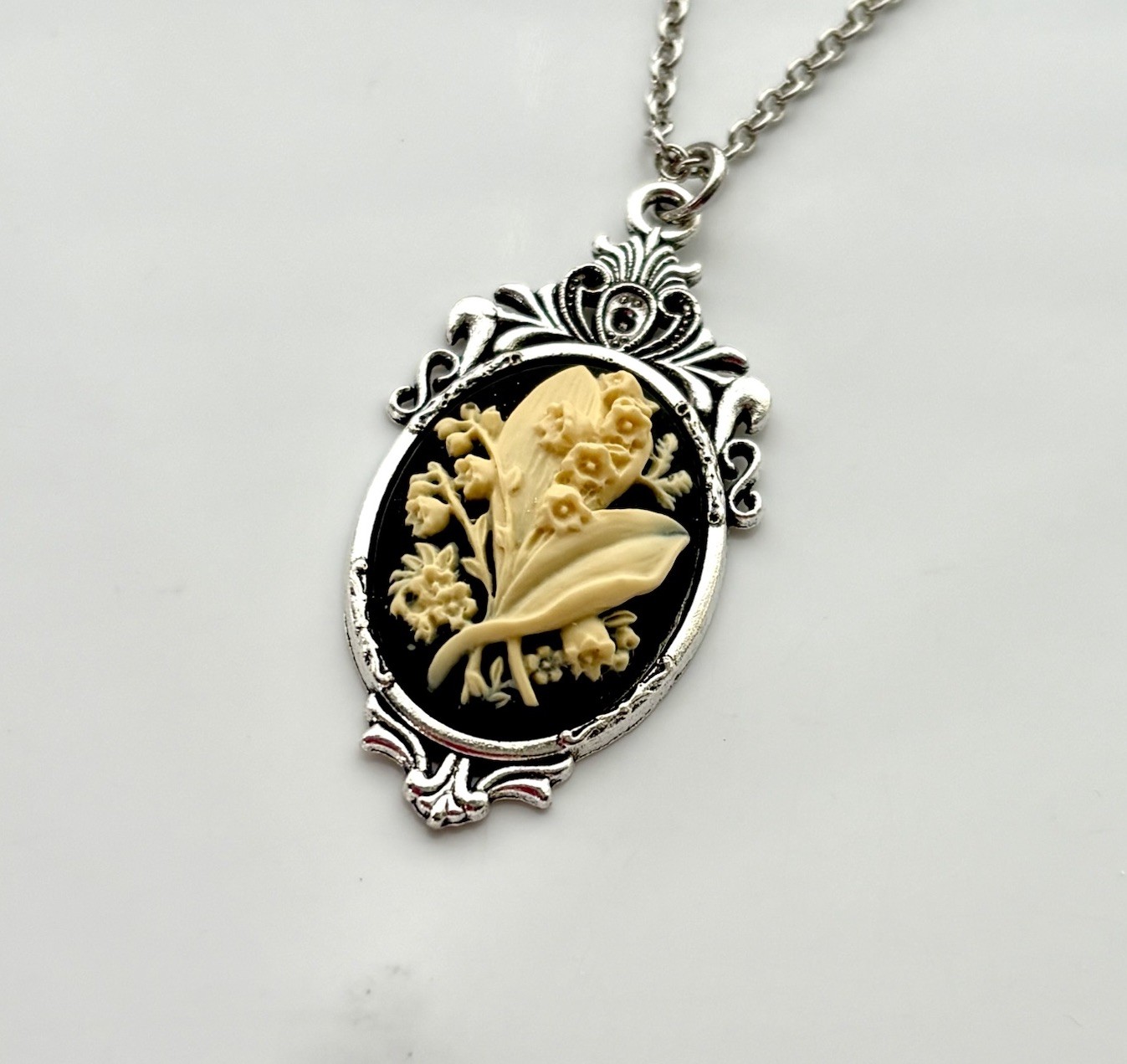 Lily of the Valley Cameo Necklace Cream/Black, Victorian Vintage Style Pendant