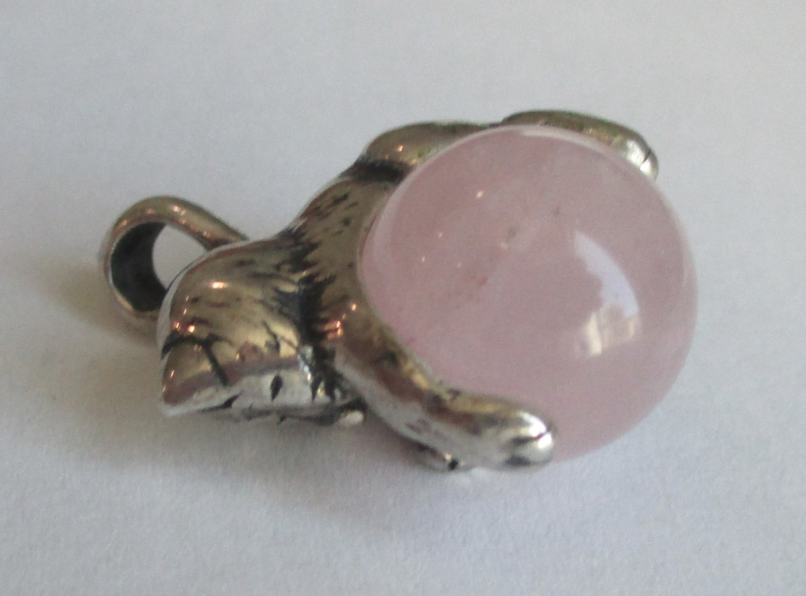 1in VINTAGE STERLING SILVER ROSE QUARTZ ORB CAT PENDANT POOLS OF LIGHT STYLE