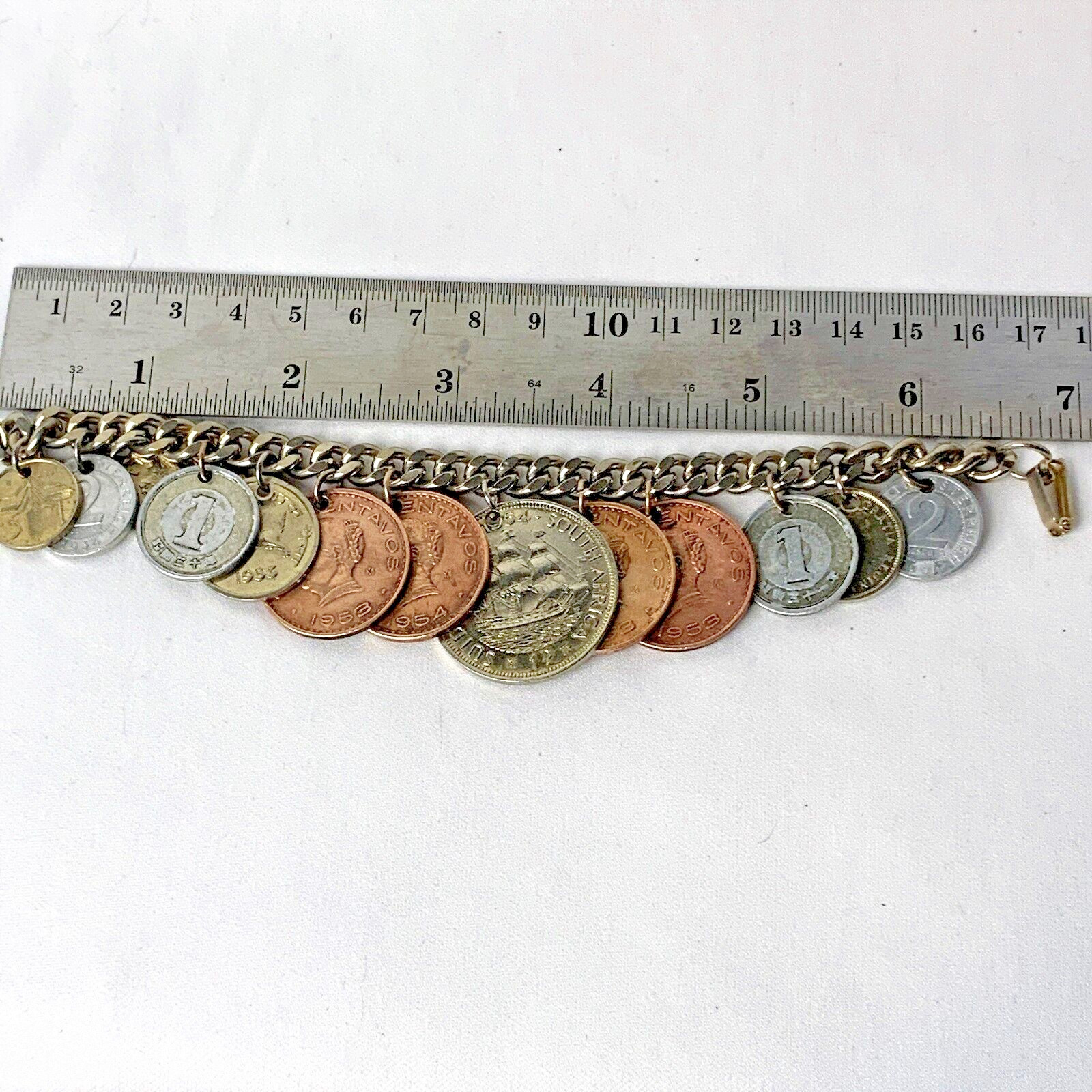 Vintage 1956 Charm Bracelet 13 Assorted Coins From Different Countries 6.5″-7″
