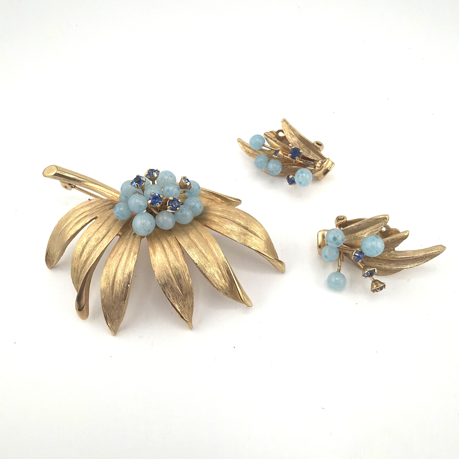 Vintage Mid-Century Blue Opaline Glass Berry Cluster Demi-Parure Set