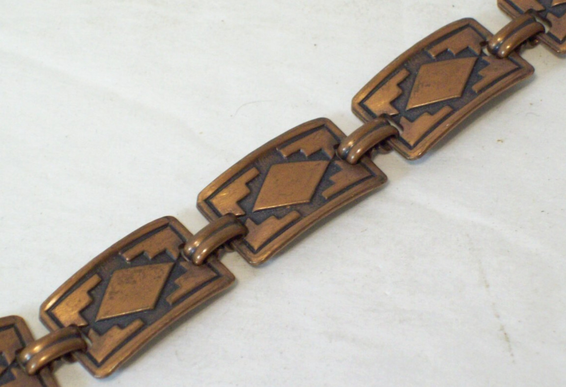 Vintage Southwestern Embossed Copper Panel Bracelet Tribal Style Design 7 1/2″
