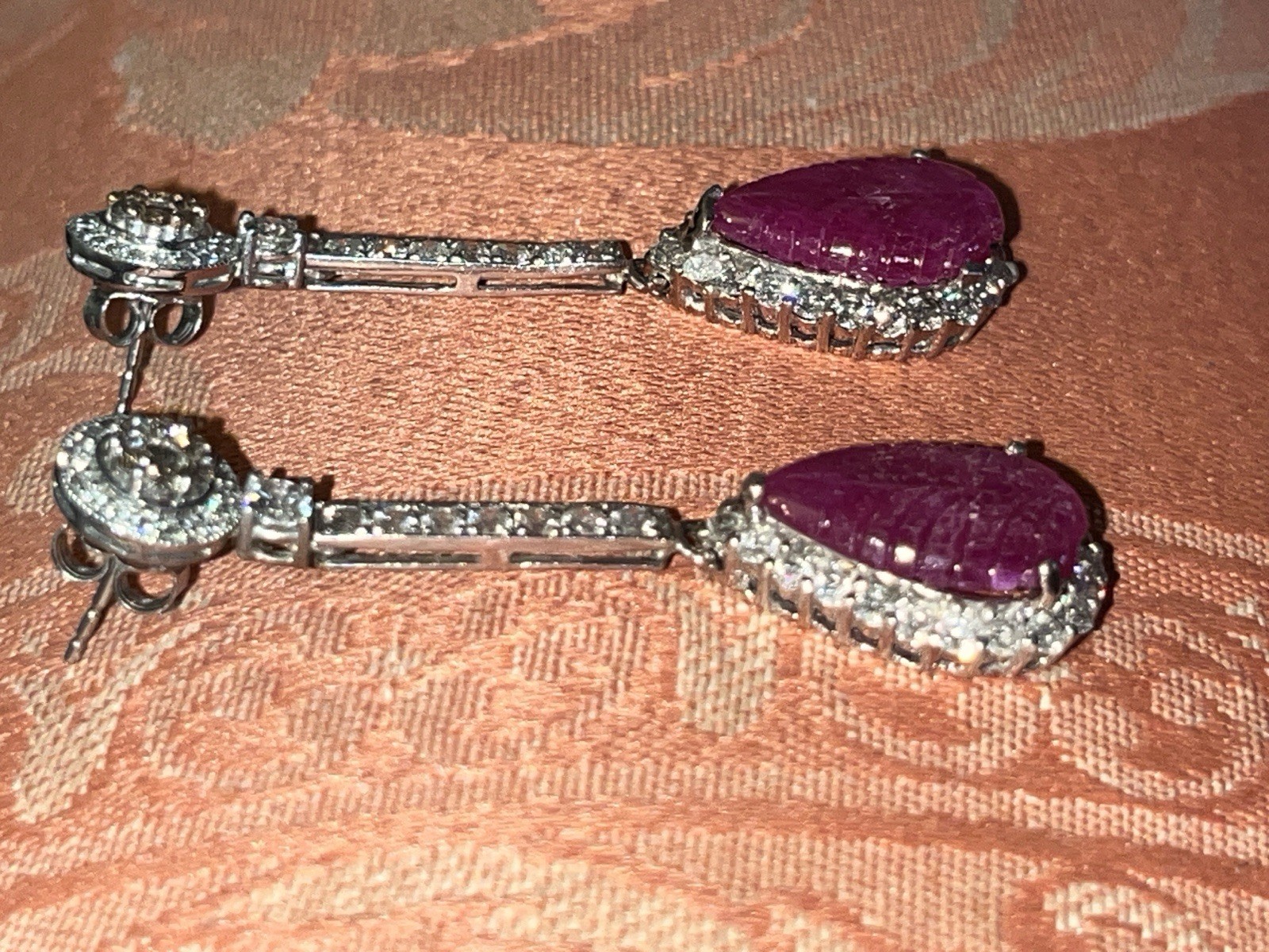 Large 14K Solid Gold Authentic Natural Ruby Diamond Leaf Earrings AGI Certified!