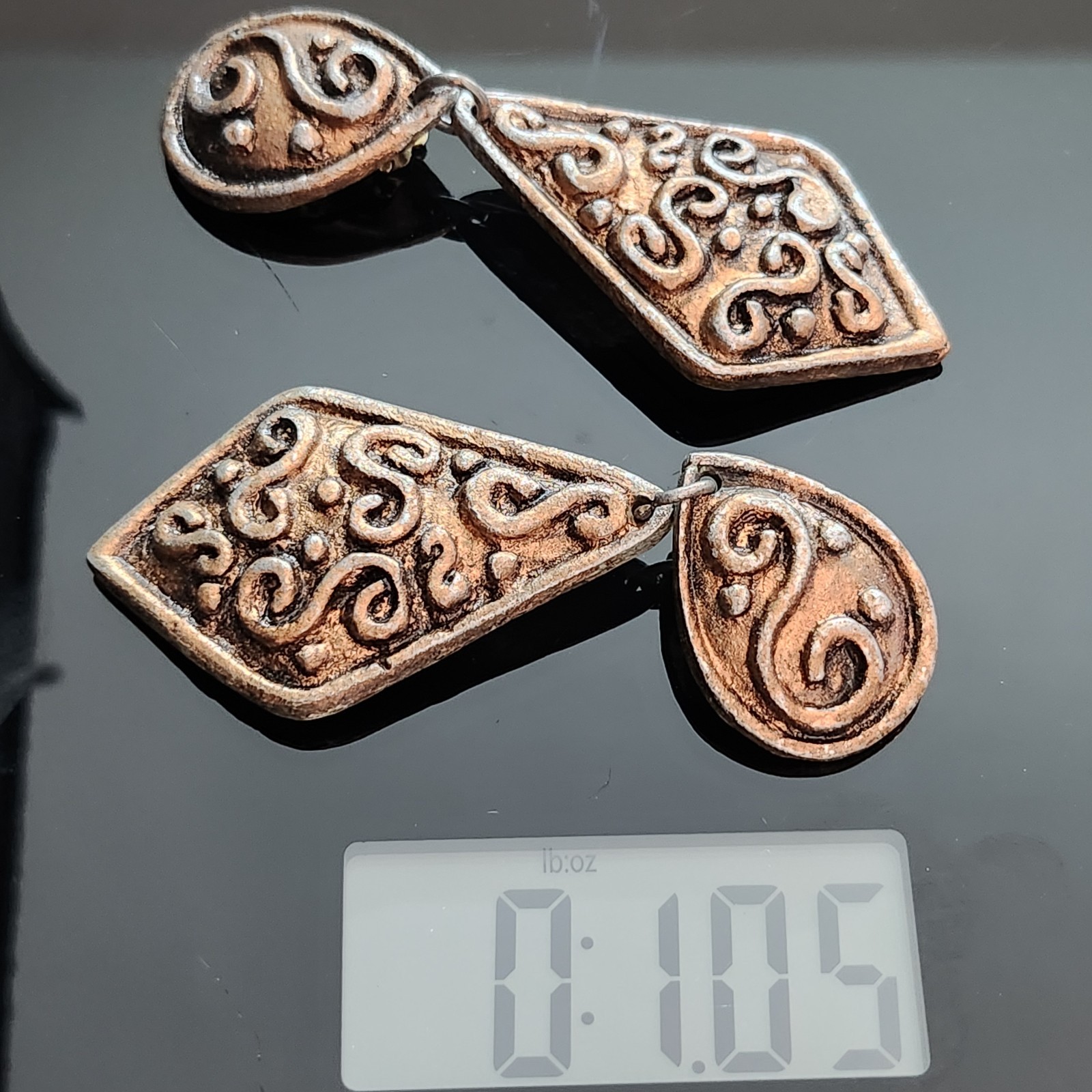 Vintage Copper Tone Brutalist Scrollwork Dangle Clip-On Large Statement Artisan