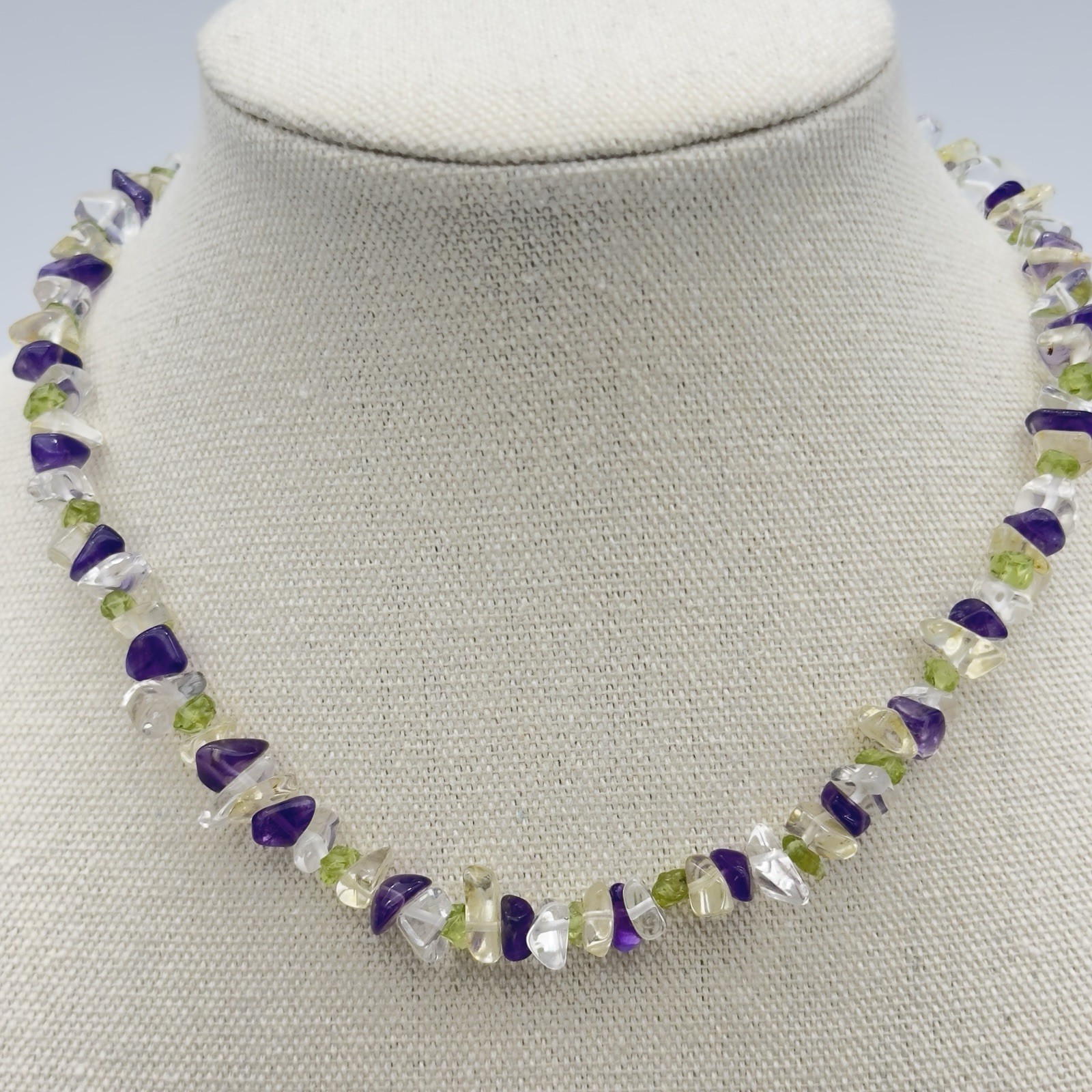 Vtg Multi Gemstone Sterling 925 Necklace Amethyst Peridot Quartz Estate