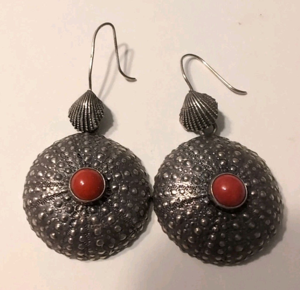Vintage Sterling Coral Shell Dangle Earrings