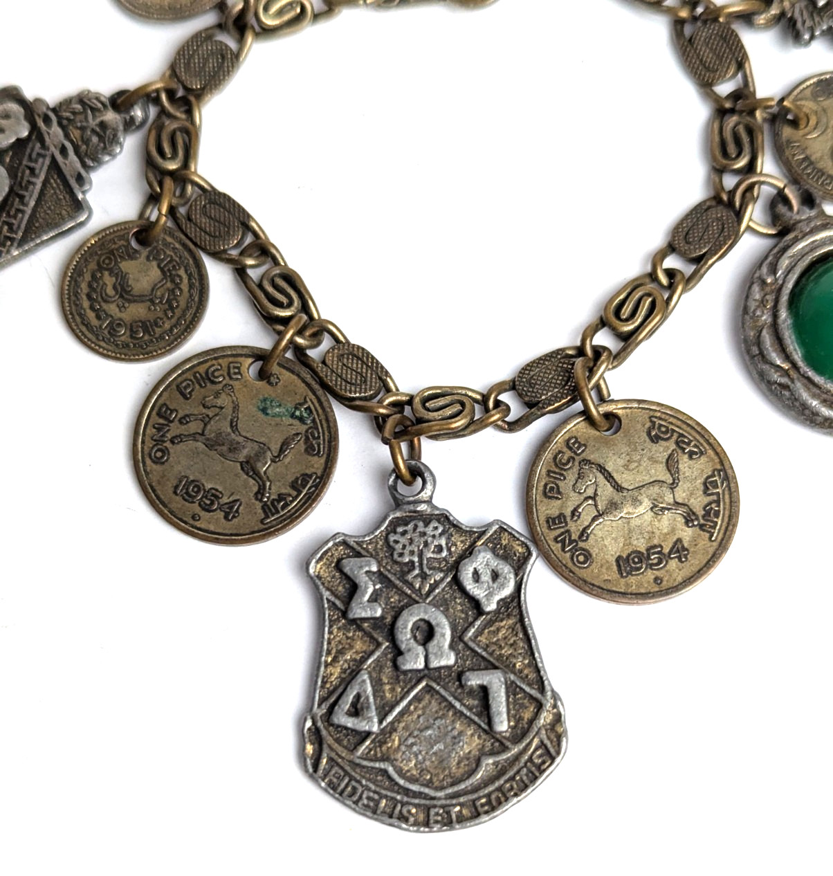 1950s Vintage Heraldic Chunky Charm Bracelet with Pakistan and India Coins 7″