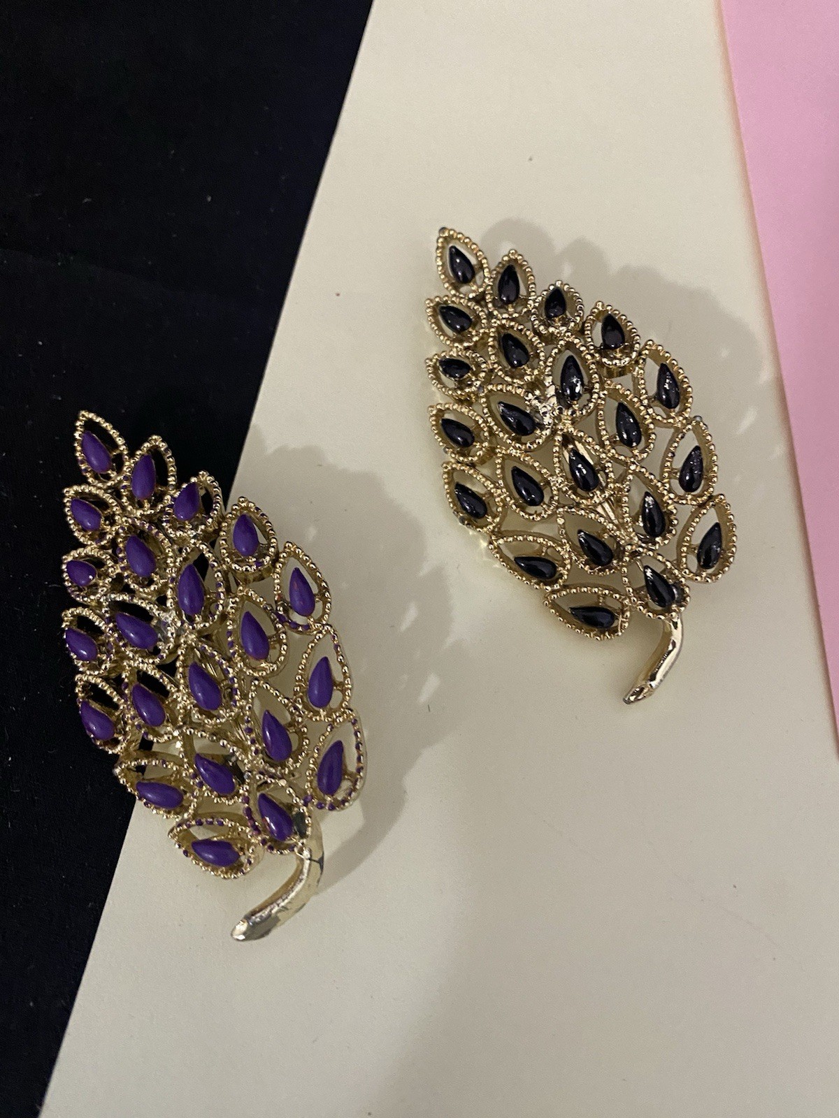 2 Vintage Pins Gerry’s Goldtone Leaves with Purple and Black Accents
