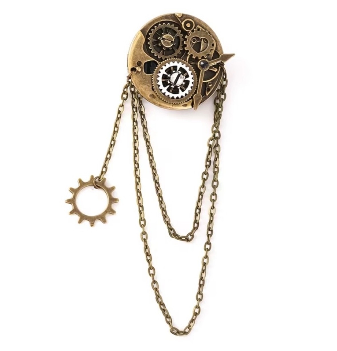 Steampunk Gear Vintage-Style Brooch with Gold Chains Unisex Bronze NEW