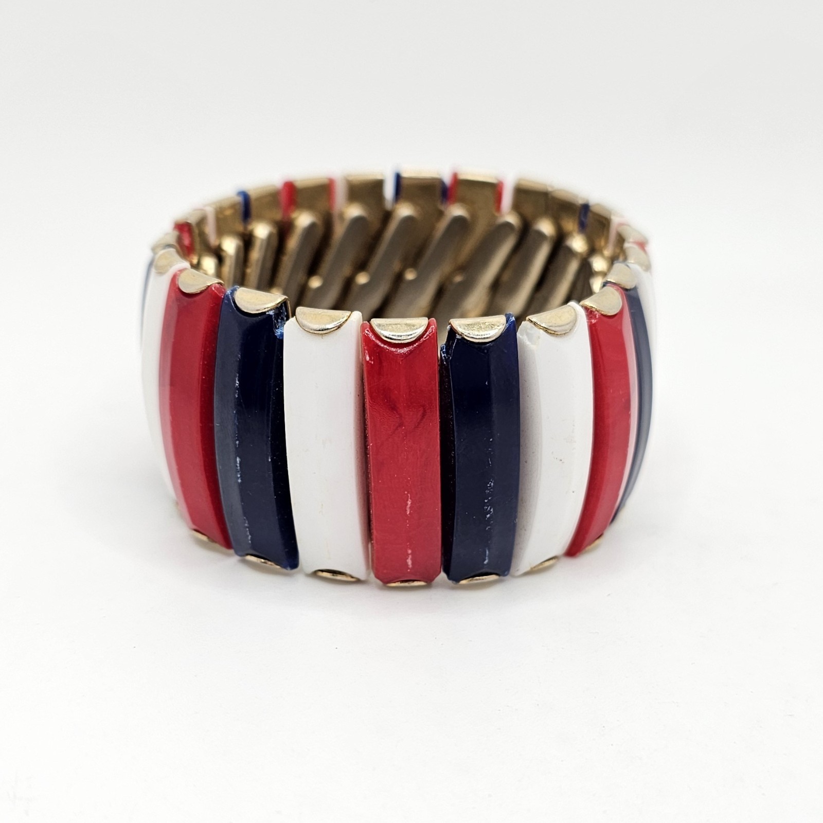 Vintage HONG KONG Red White Blue Lucite Gold Tone Expandable Accordian Bracelet