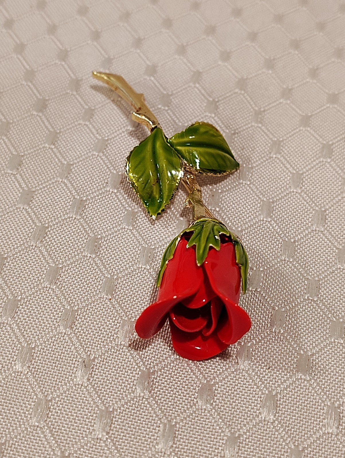 Vintage Enamel Red Rosebud Gold Stem Green Leaves Brooch Pin 3″ Long