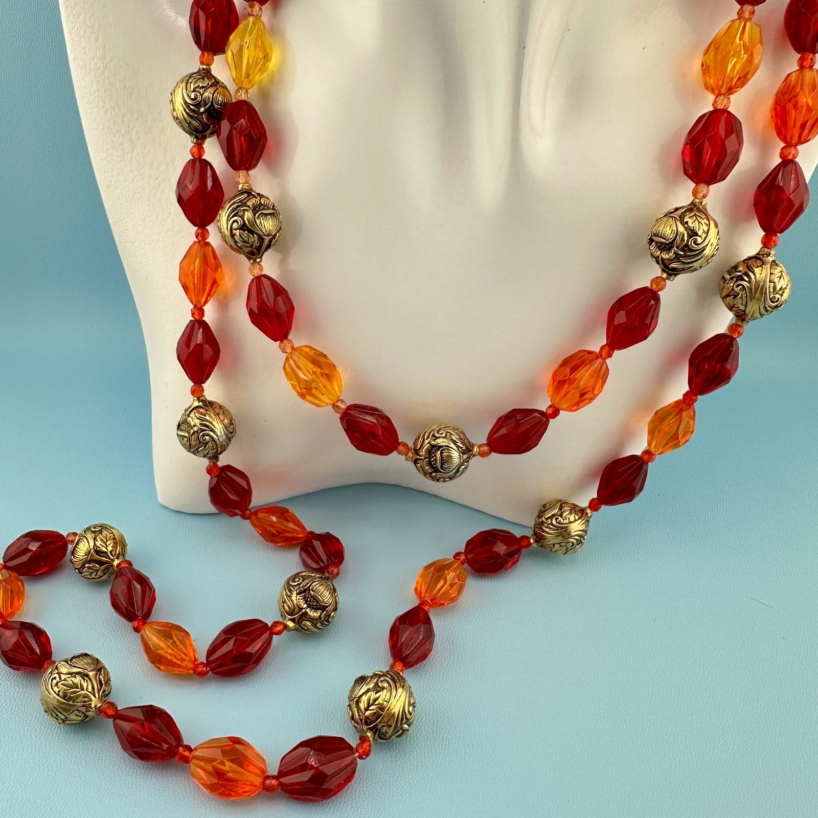 Vintage Lucite Bead Gypsy Necklace Faceted Red Orange Gold Tone Floral 46″ Boho