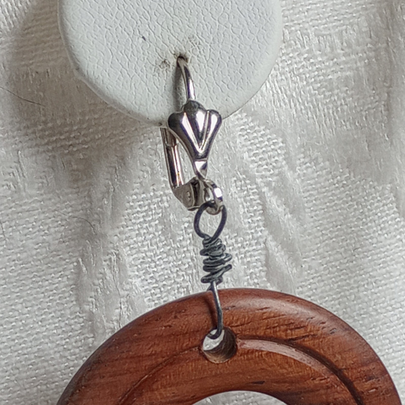 Vintage Dangle Drop Earrings Faux WOOD hoops donuts 70s lever back