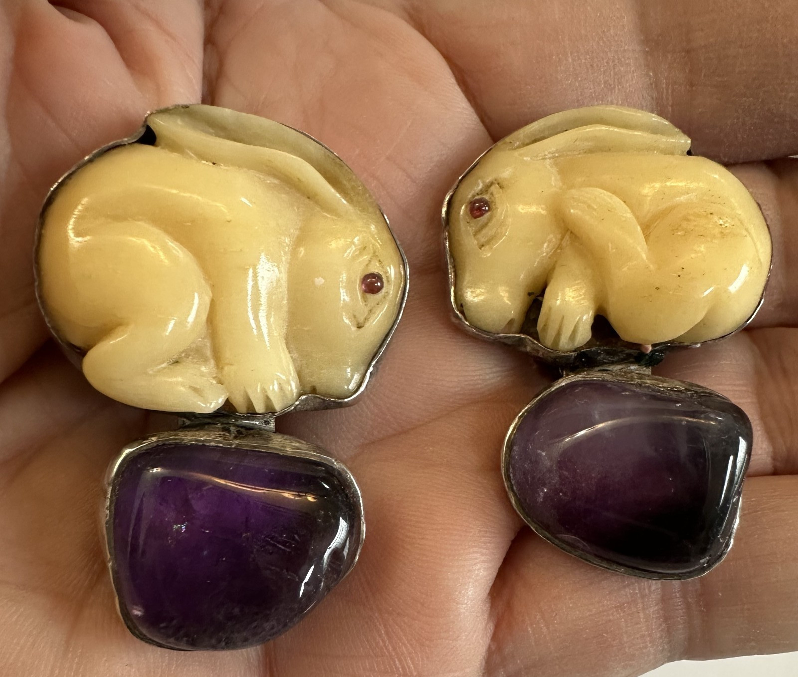 Rebecca Collins Sterling Silver Bunny Rabbit Clip-On Bone Amethyst Earrings