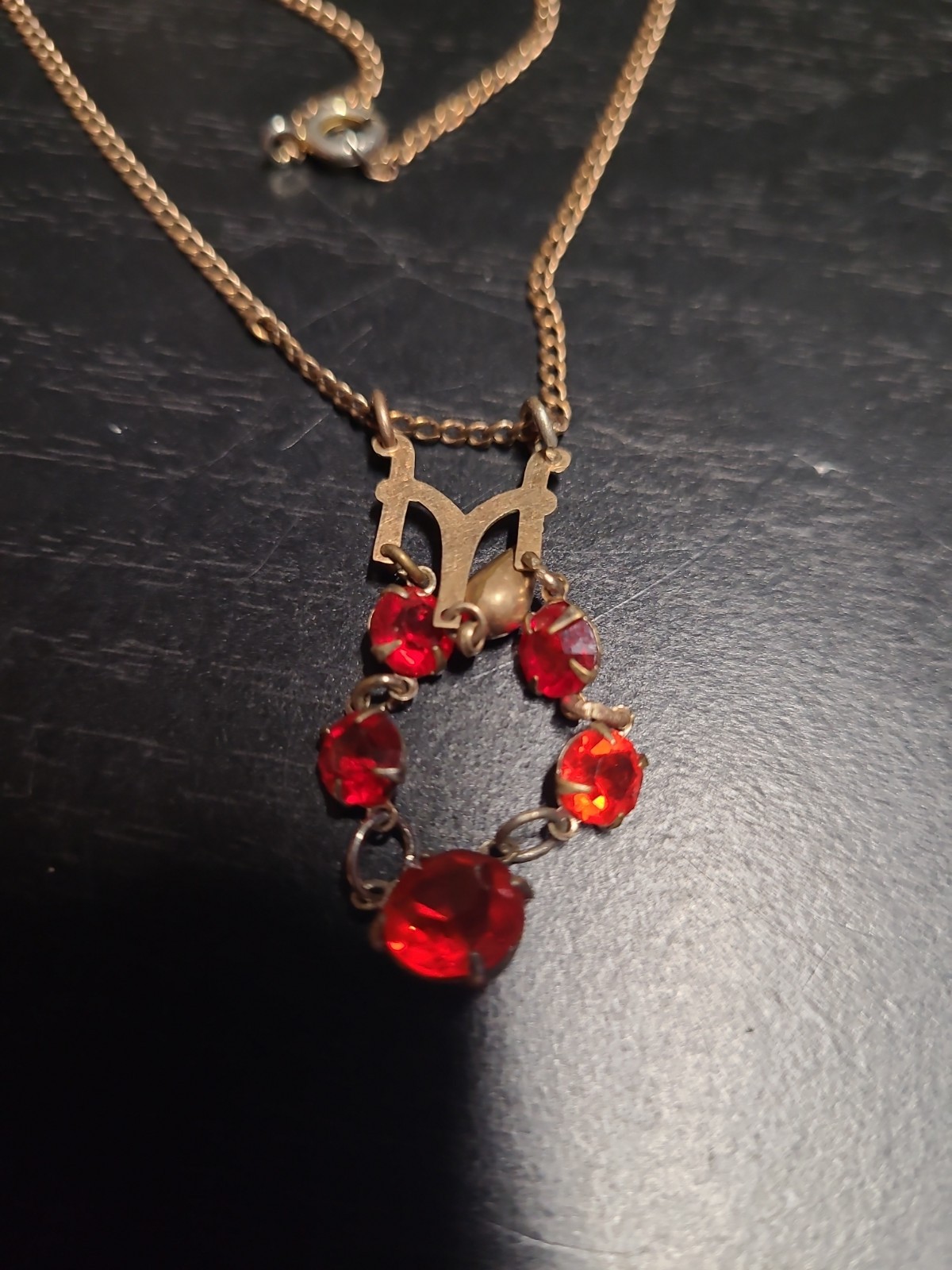 Vintage At Deco Faux Ruby Rhinestone Bronze Tone Chain Necklace