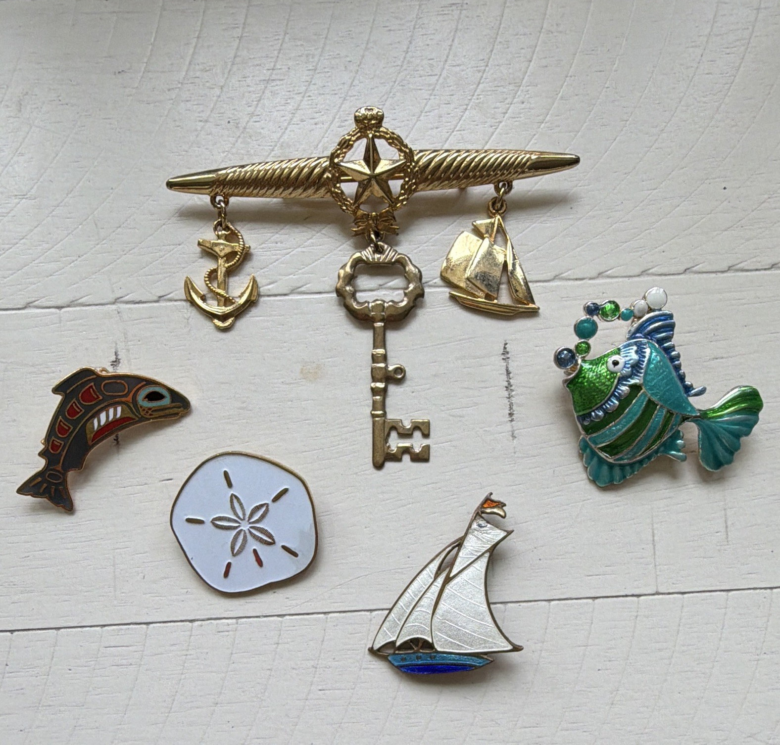 1 vintage David Audette fish pin with 4 other nautical beauties