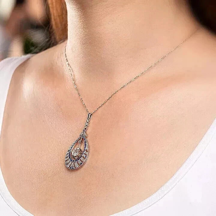 Art Deco Style Lab Created Diamond & Sapphire Wedding 14K White Gold FN Pendant