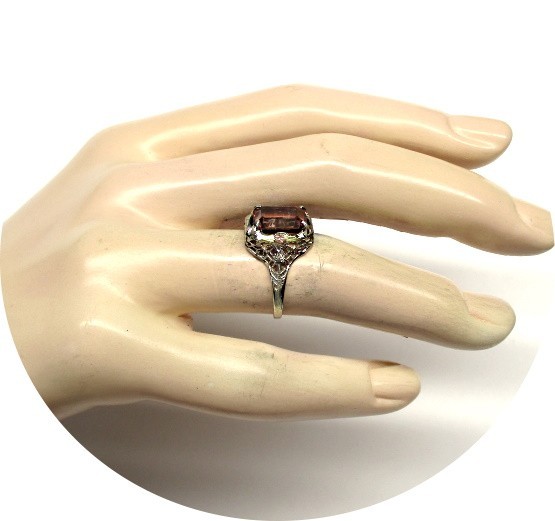 Bright Rosy-Red TOURMALINE Ring – Art Deco – 14k Solid White Gold Filigree Mtg.