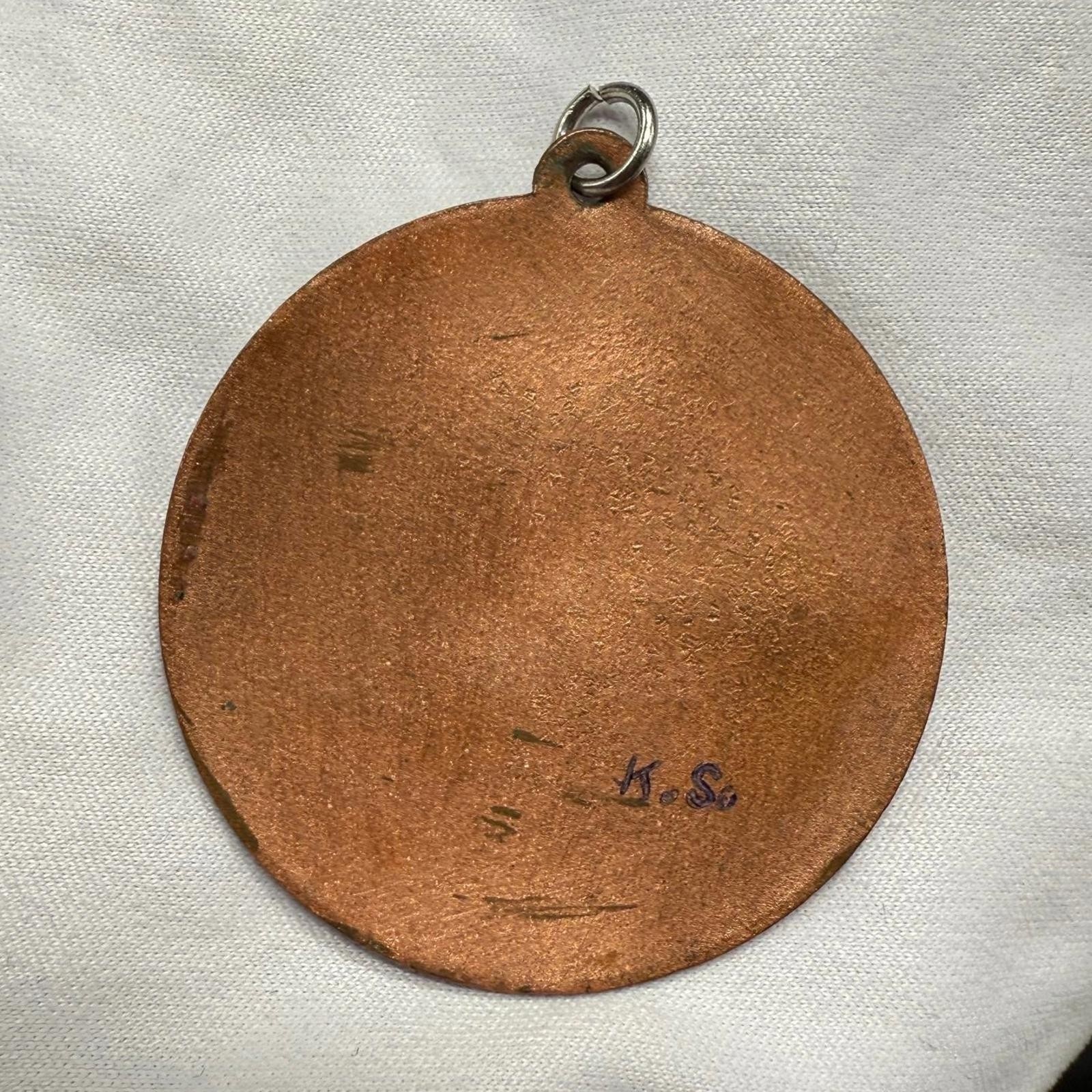 Vintage Enamel on Copper Multi Color Abstract Art Round Pendant Signed 1.75″